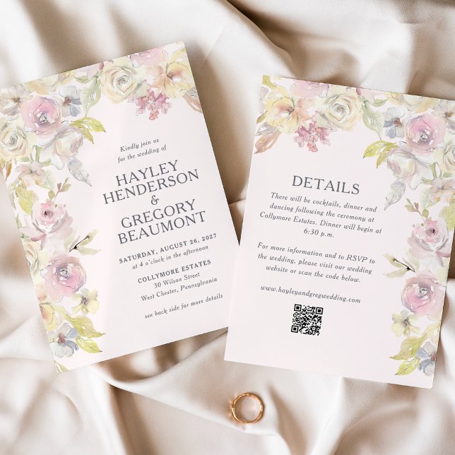 Soft Pastel Florals Double-sided Wedding Invitation (Creator Uploaded)