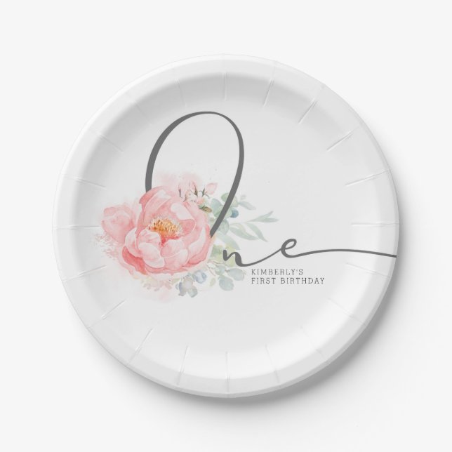 Soft Pastel Flower Elegant Script 1st Birthday Pap Paper Plates (Front)