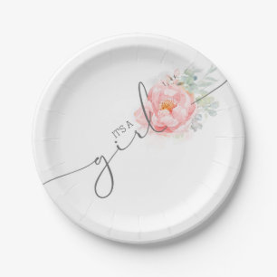 Soft Pastel Flower Elegant Script Baby Shower Pape Paper Plates