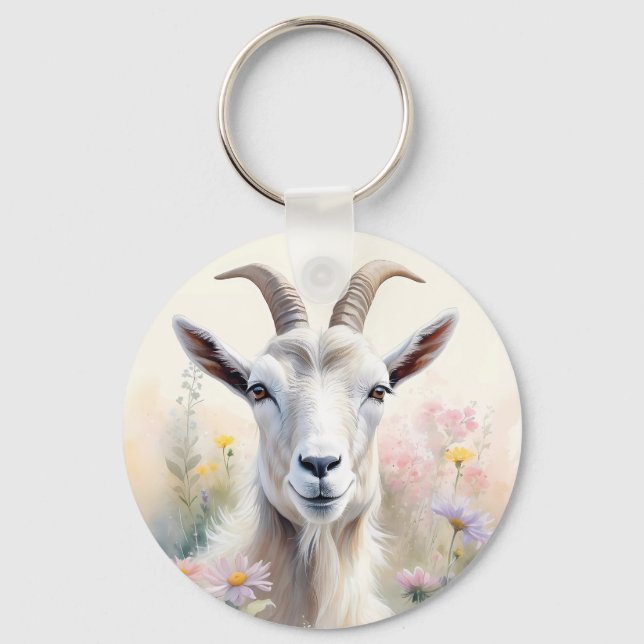 Soft Pastel Flower Field Goat Portrait Keychain (Front)