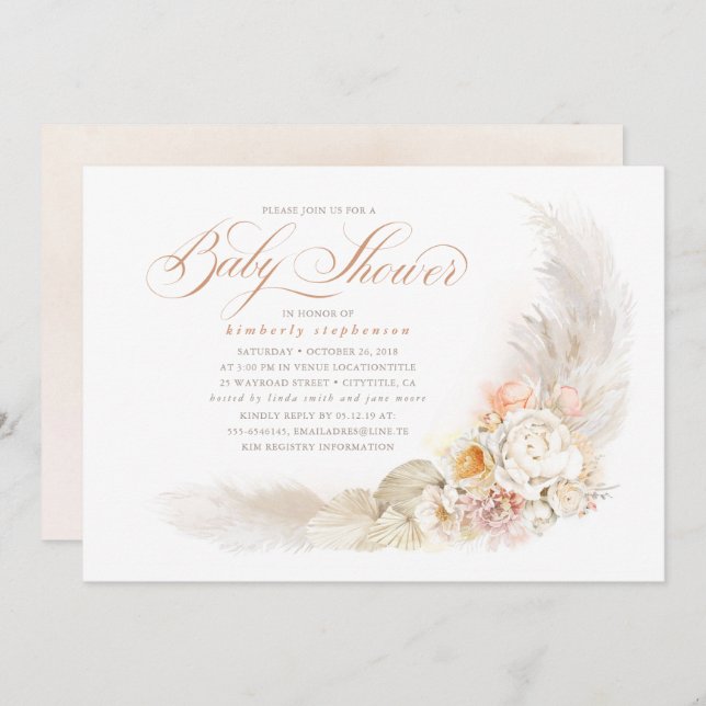 Soft Pastel Flowers and Pampas Grass Baby Shower Invitation (Front/Back)