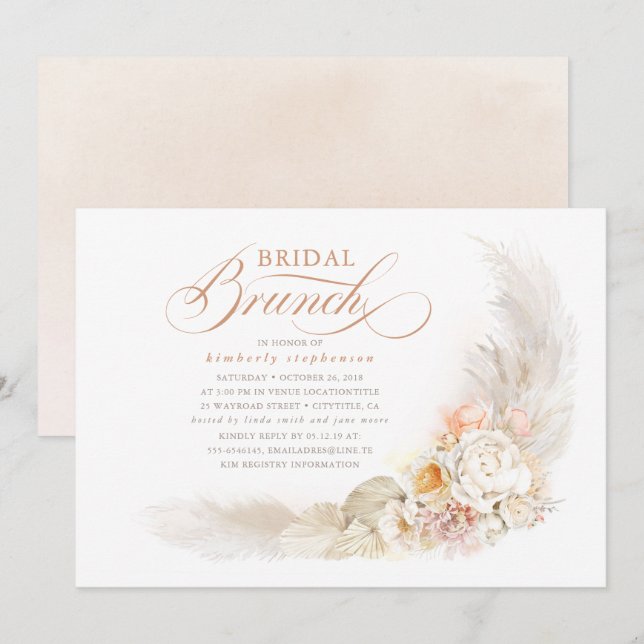 Soft Pastel Flowers and Pampas Grass Bridal Brunch Invitation (Front/Back)