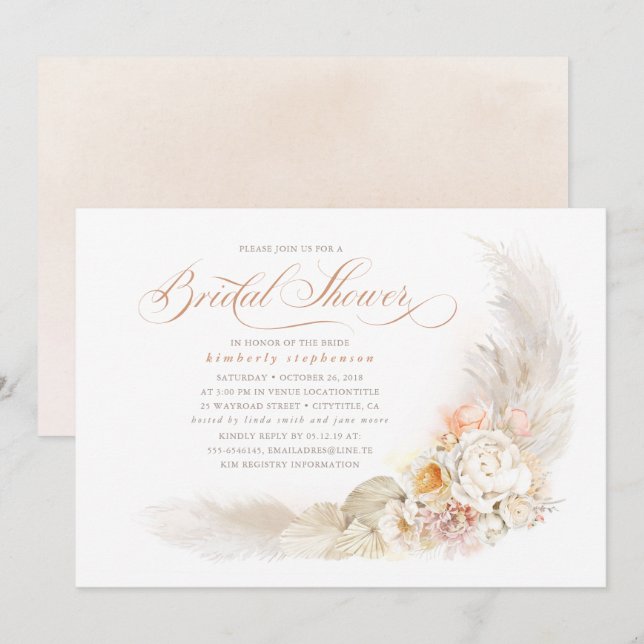 Soft Pastel Flowers and Pampas Grass Bridal Shower Invitation (Front/Back)