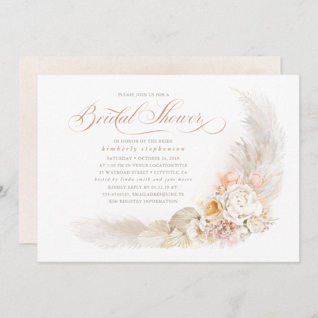 Soft Pastel Flowers and Pampas Grass Bridal Shower Invitation (Front/Back)