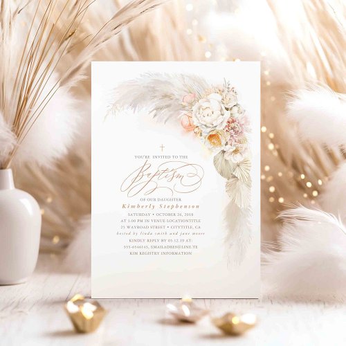Soft Pastel Flowers and Pampas Grass Cute Baptism Invitation