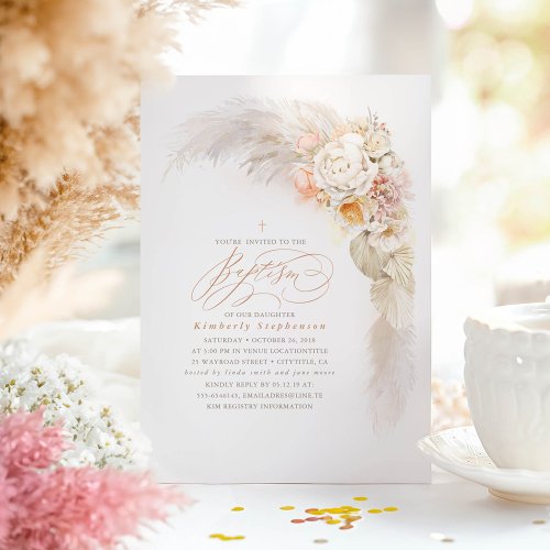 Soft Pastel Flowers and Pampas Grass Cute Baptism Invitation