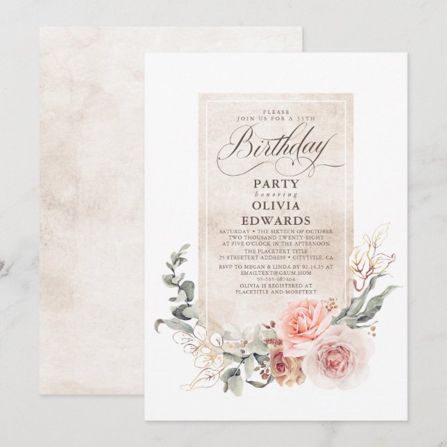 Soft Pastel Flowers Boho Elegant Birthday Party Invitation (Front/Back)
