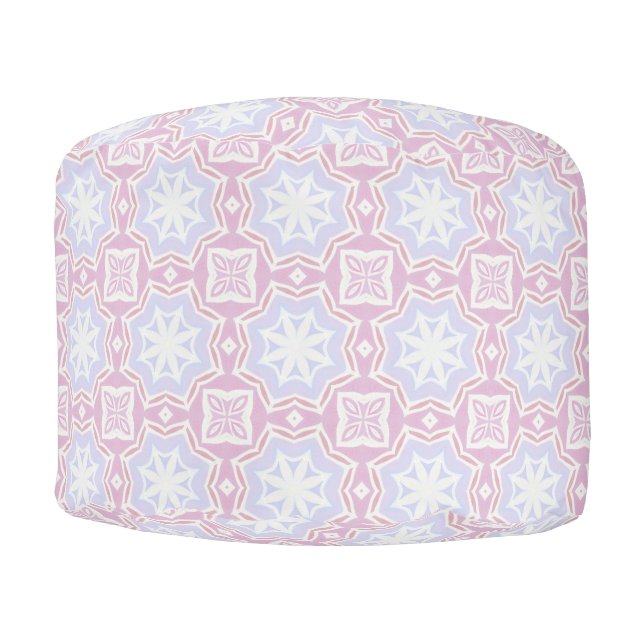 Soft Pastel Geometric Round Pouf – Pink & Lavender (Front)