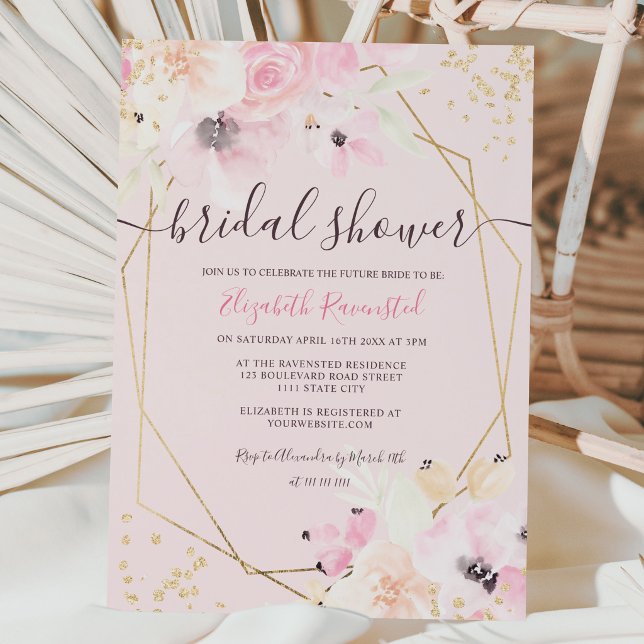 Soft pastel gold floral watercolor bridal shower i invitation