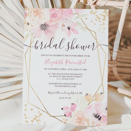 Soft pastel gold floral watercolor bridal shower invitation