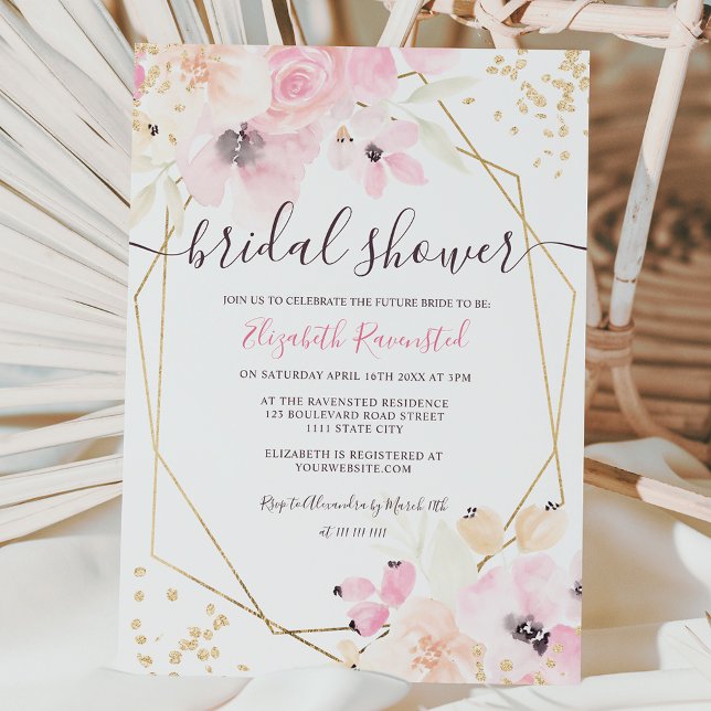 Soft pastel gold floral watercolor bridal shower invitation (Creator Uploaded)