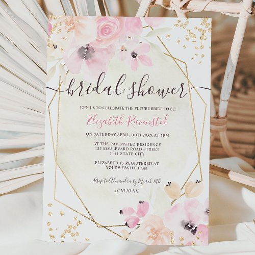 Soft pastel gold floral watercolor bridal shower invitation