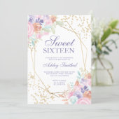 Soft pastel gold floral watercolor photo Sweet 16 Invitation (Standing Front)