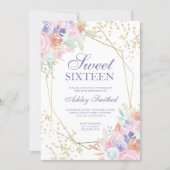 Soft pastel gold floral watercolor photo Sweet 16 Invitation (Front)