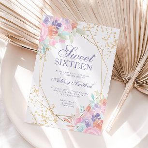 Soft pastel gold floral watercolor photo Sweet 16 Invitation