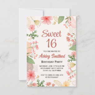 Soft pastel gold floral watercolor photo Sweet 16 Invitation