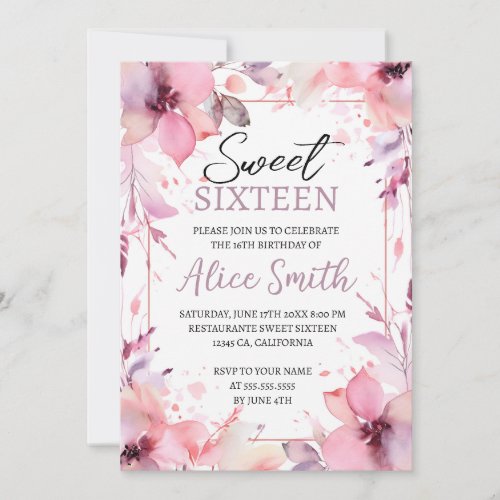 Soft pastel gold floral watercolor photo Sweet 16  Invitation