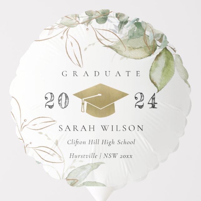 Soft Pastel Gold Green Foliage Graduation Cap Balloon (Front)