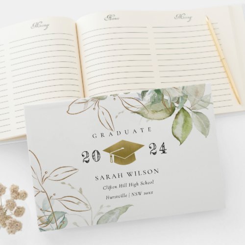 Soft Pastel Gold Green Foliage Graduation Cap Guest Book