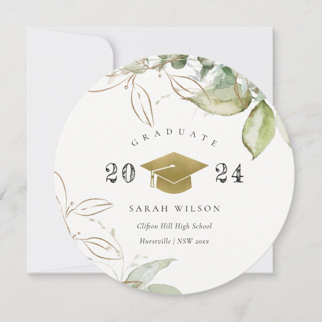 Soft Pastel Gold Green Foliage Graduation Cap Invitation (Front)