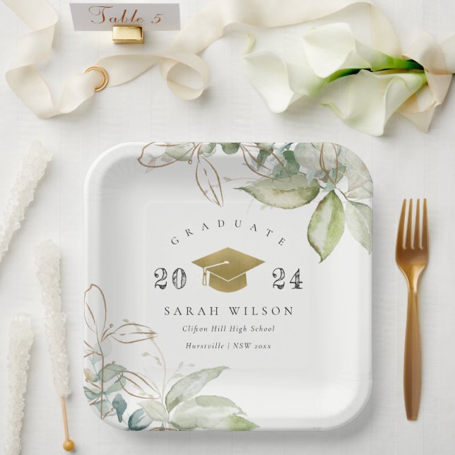 Soft Pastel Gold Green Foliage Graduation Cap Paper Plates (Wedding)