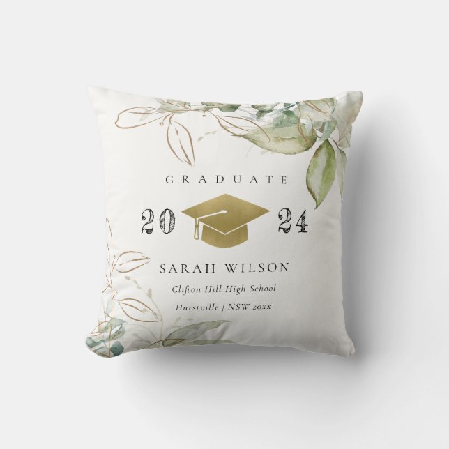 Soft Pastel Gold Green Foliage Graduation Cap Throw Pillow (Front)