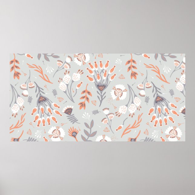 Soft Pastel Gray Orange Floral, Seamless Pattern,  Poster (Front)