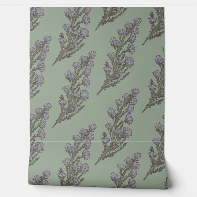 Soft Pastel Green & Lavender Botanical Floral  Wallpaper (Unrolling)