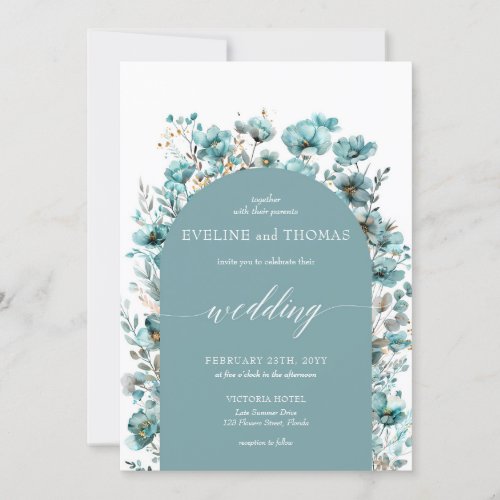 Soft pastel green minimalist turquoise wildflowers invitation