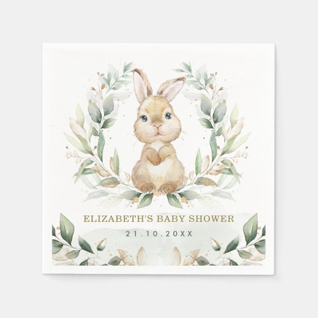 Soft Pastel Greenery Bunny Rabbit Baby Shower Napkins (Front)