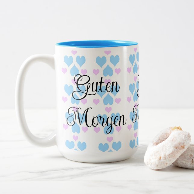 Soft Pastel Heart Pattern Guten Morgen  Mug (With Donut)
