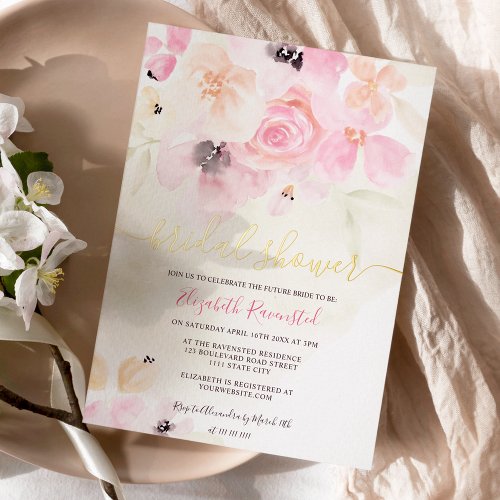Soft pastel loose floral watercolor bridal shower  foil invitation