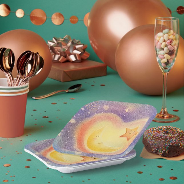 Soft Pastel Moon Star Dreamy Sky Design Paper Plates (Multi)