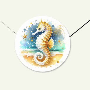 Soft Pastel Ocean Coastal Seahorse Wedding Classic Round Sticker