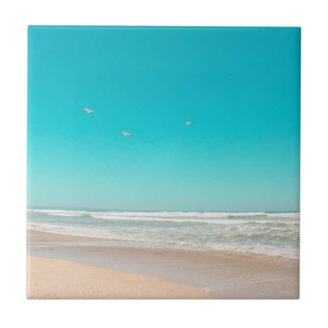 Soft Pastel Ocean Sandy Beach Sky Flying Seagulls Ceramic Tile (Front)