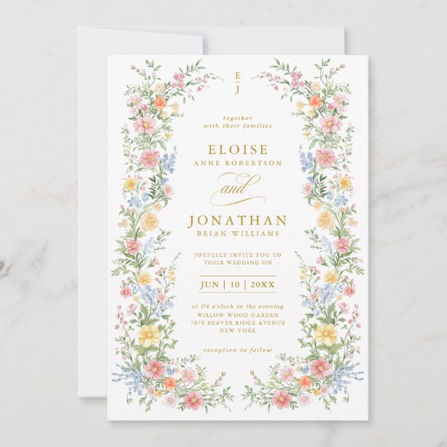 Soft Pastel Ornate Spring All in One Gold Wedding Invitation (Front)