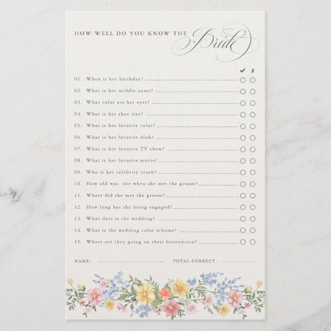 Soft Pastel Ornate Spring chic Bridal Shower Game (Front)