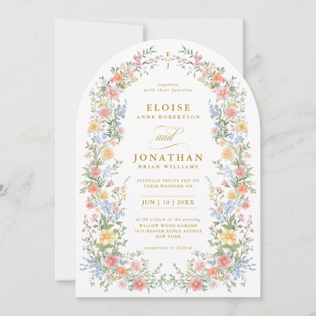 Soft Pastel Ornate Spring Floral Arch Gold Wedding Invitation (Front)