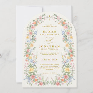 Soft Pastel Ornate Spring Floral Arch Gold Wedding Invitation