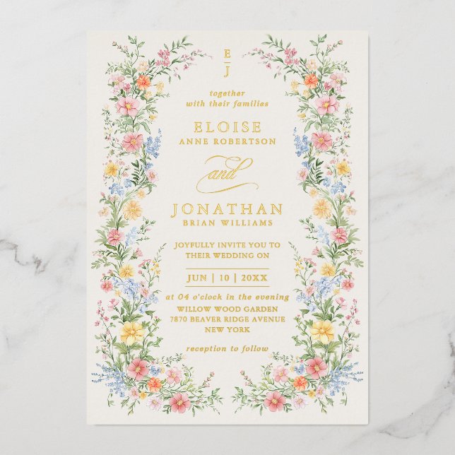 Soft Pastel Ornate Spring Floral QR Code Wedding  Foil Invitation (Front)