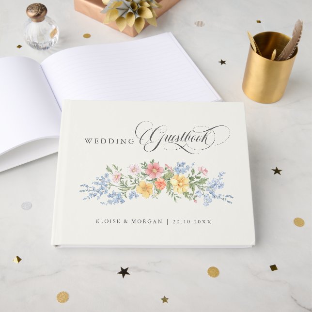 Soft Pastel Ornate Spring Garden Floral Wedding Guest Book (Front Open)