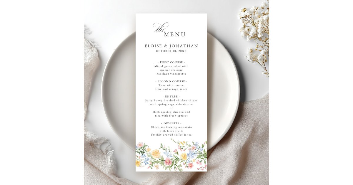 Soft Pastel Ornate Spring Garden Floral Wedding Menu | Zazzle