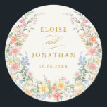 Soft Pastel Ornate Spring Garden Gold Wedding Classic Round Sticker<br><div class="desc">Bring timeless charm and romantic elegance to your wedding with this minimalist floral sticker, featuring a soft watercolor border of hand-painted blooms. The delicate floral arrangement includes pastel pinks, buttery yellows, soft lavenders, baby blues, and sage greens, gracefully framing your custom text in the center. Perfect for spring or garden...</div>