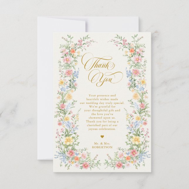 Soft Pastel Ornate Spring Garden Gold Wedding Thank You Card (Front)