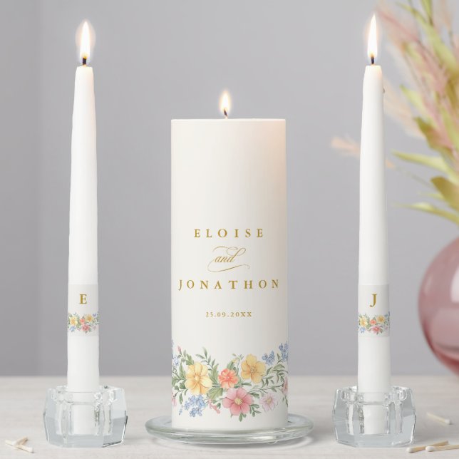 Soft Pastel Ornate Spring Garden Gold Wedding  Unity Candle Set (In Situ)