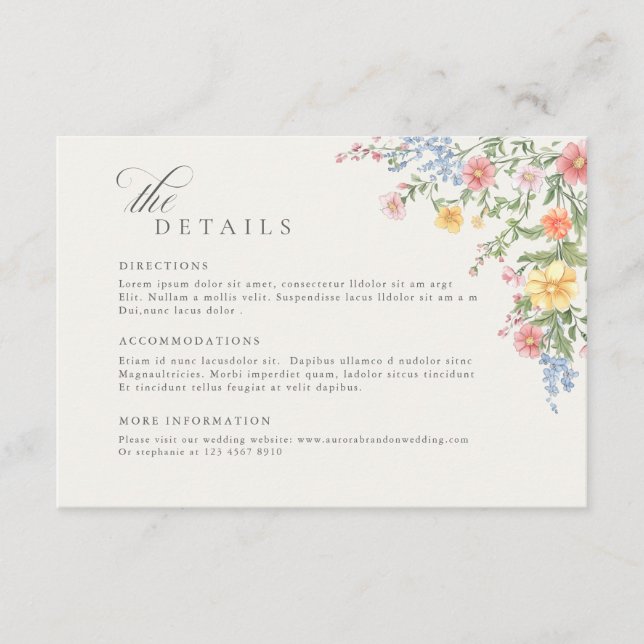 Soft Pastel Ornate Spring Garden  Wedding Details Enclosure Card (Front)