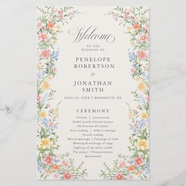 Soft Pastel Ornate Spring Garden  Wedding Program  (Front)