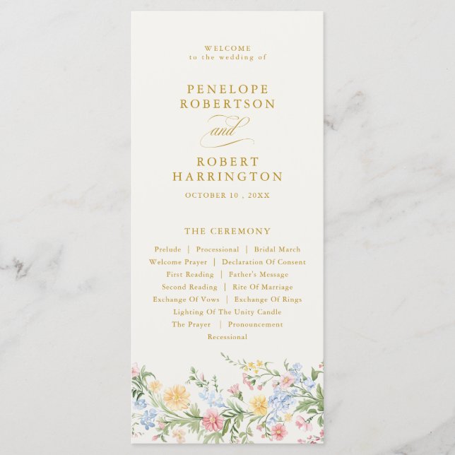 Soft Pastel Ornate Spring Gold Floral Wedding Program (Front)