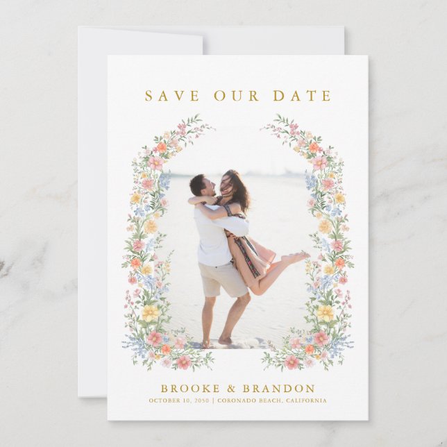Soft Pastel Ornate Spring Gold Wedding Photo Save The Date (Front)