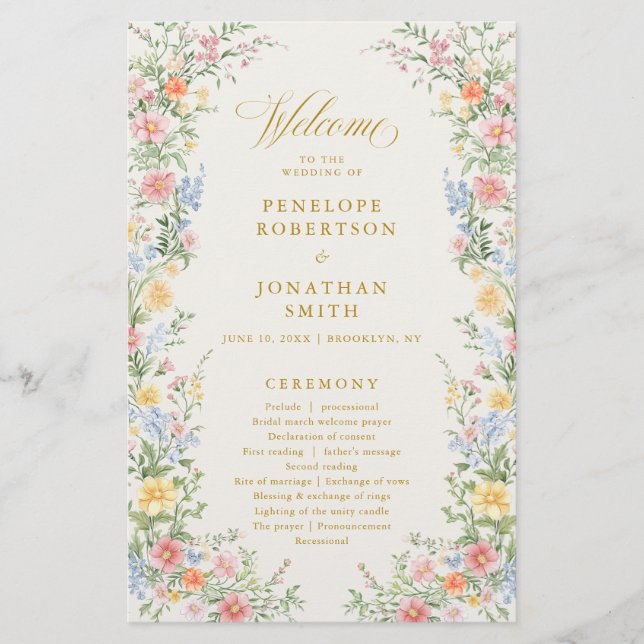 Soft Pastel Ornate Spring Gold  Wedding Program  (Front)